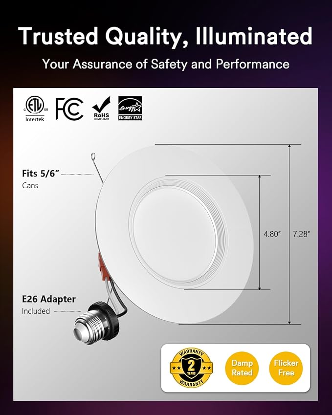 Lumary Smart Retrofit LED Recessed Lighting 6 Inch, Wi-Fi Bluetooth Direct Connect, RGBAI Retrofit Baffle Trim Can Lights, 66 Scene Modes, Work with Alexa Google, ETL IC Rated, CRI90 1000lm,4 Pack