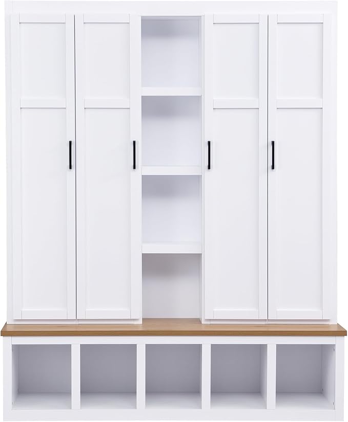 Merax Modern Farmhouse Hall Tree with Bench, 4-in-1 Entryway Storage Cabinet & Shoe Organizer with Hooks, White