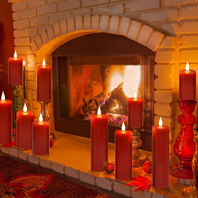 Nancia Flameless Battery Operated Flicking Candles:9pack Red Remote Control Realistic Wax Pillar LED Candle with 10-Key Cycling 24 Hours Timer for Home Decoration Wedding Birthday Party