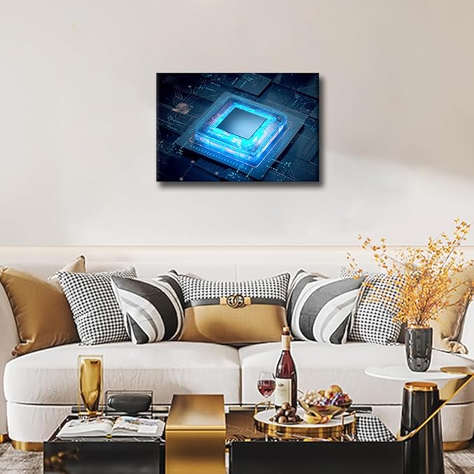 TUMOVO Framed Canvas Wall Art Cyberpunk AI Painting CPU Concept Pictures 1 Panel Computer Chip Wall Art Modern Wall Decor for Living Room Bedroom Giclee Posters and Prints, 18x12in