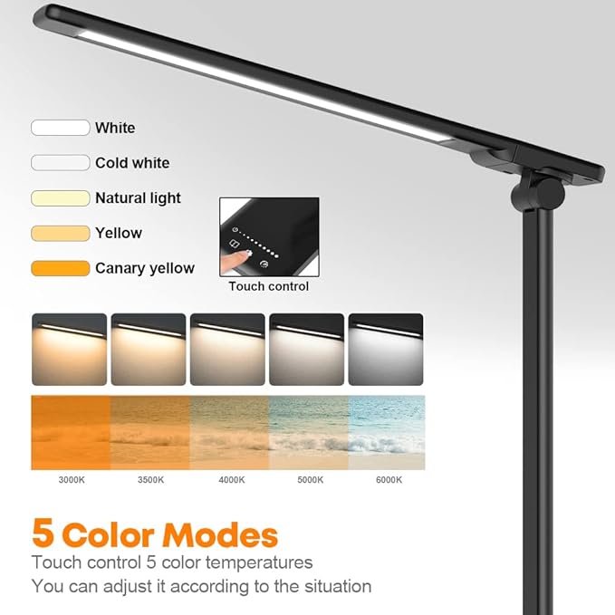 Desk Lamp Eye-Caring LED Table Lamp Dimmable Bedside Lamp with 2 USB Charging Ports and 10 Brightness Levels x 5 Colour Modes Touch Control Daylight Lamp for Office, Bedside, Reading- Auto Timer