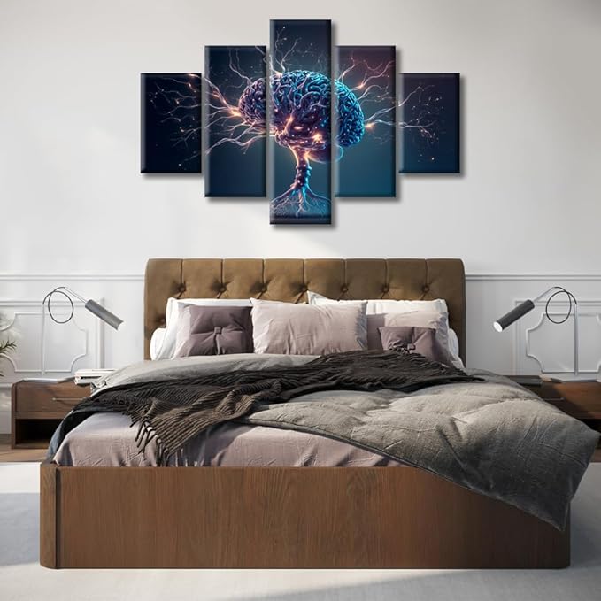 5 Piece Brain Wall Pictures for Living Room Human Brain Painting on Canvas Wall Decor Art Neuronal Impulses Bedroom Wall Art Framed Ready to Hang, (60"Wx40"H)