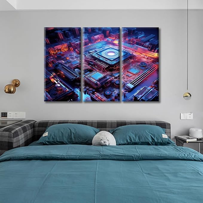 Wall Art for Living Room Modern CPU Card with Circuit and Colorful Lights Wall Paintings Chip Pictures Posters & Prints 3 Panels Modern Artwork Ready to Hang for Bedroom Office 60"Wx40"H