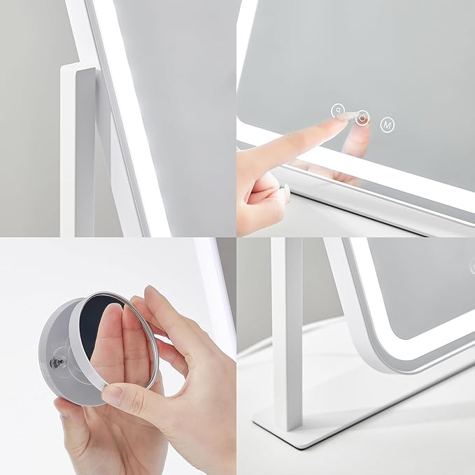 HIEEY Vanity Mirror with Lights, 17.4'' x 13'' Makeup Mirror with Lights, Three Color Lighting Modes, and 5X Magnification Mirror, Smart Touch Control, 360°Rotation (White,Gift Box)