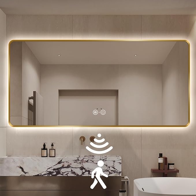 Gold LED Bathroom Mirror, 36"x72" Smart Mirror with Infrared Motion Sensor Lights, Anti Fog, Stepless Dimmable & Color Temperature Adjustment, Wall Mounted Vanity Mirror Backlit, CRI≥93