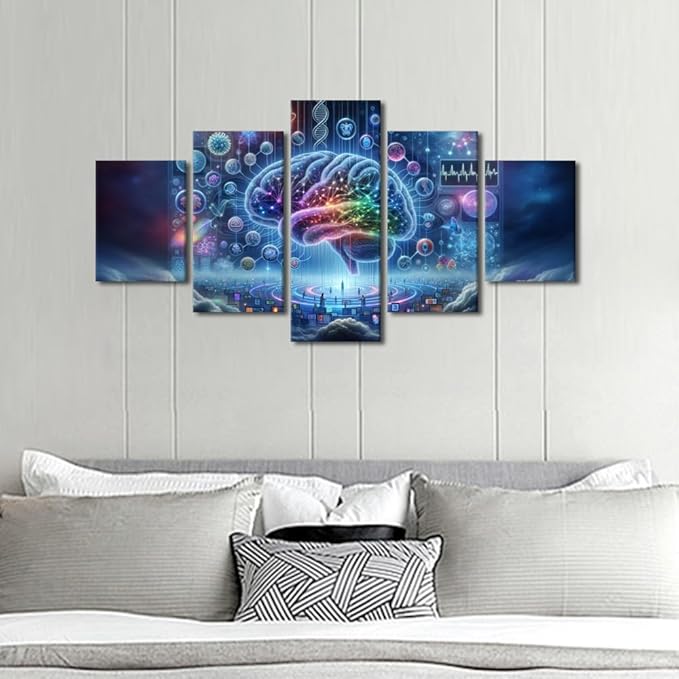 5 Panel Wall Art for Living Room Digital Brain Canvas Wall Art for Bedroom Artificial Intelligence Picture for House Wall Decor Human Brain Posters for Room Neural Network Prints Wall Decor 60"Wx32"H