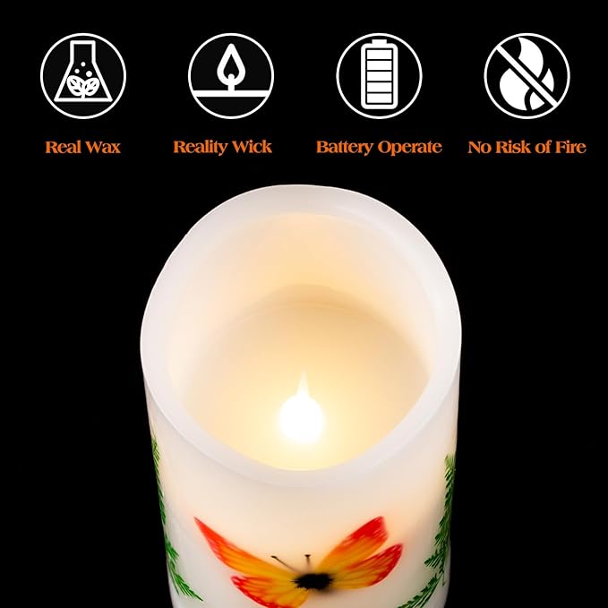 Flameless Candle with Remote Control, Battery Operated Led Light Electric Candles with Flickering Timer Dimmer Feature, Halloween Christmas Fall Home Decorations, 3 X 6 '' (Orange Butterfly Candle)