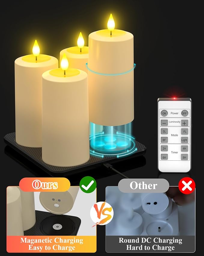 SoulBay Flameless Candles Rechargeable, 4 Pack LED Flickering Waterproof White Pillar Candles with Magnetic Charging Base Remote Timer for Indoor Outdoor Lantern Holiday Christmas Décor, 2.75" x 5.1 "