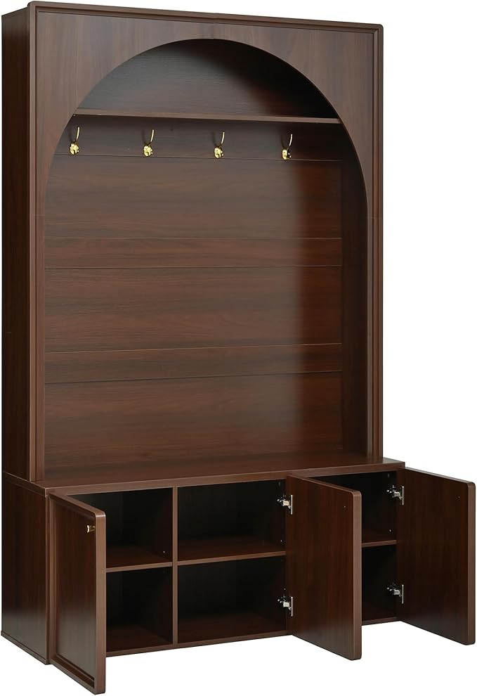 LUMISOL Farmhouse Hall Tree with Storage Bench, Arched Design Coat Rack with 4 Golden Hooks and Adjustable Shelves, Entryway Bench with 3 Cabinets, Retro Hall Cabinet for Living Room, Walnut