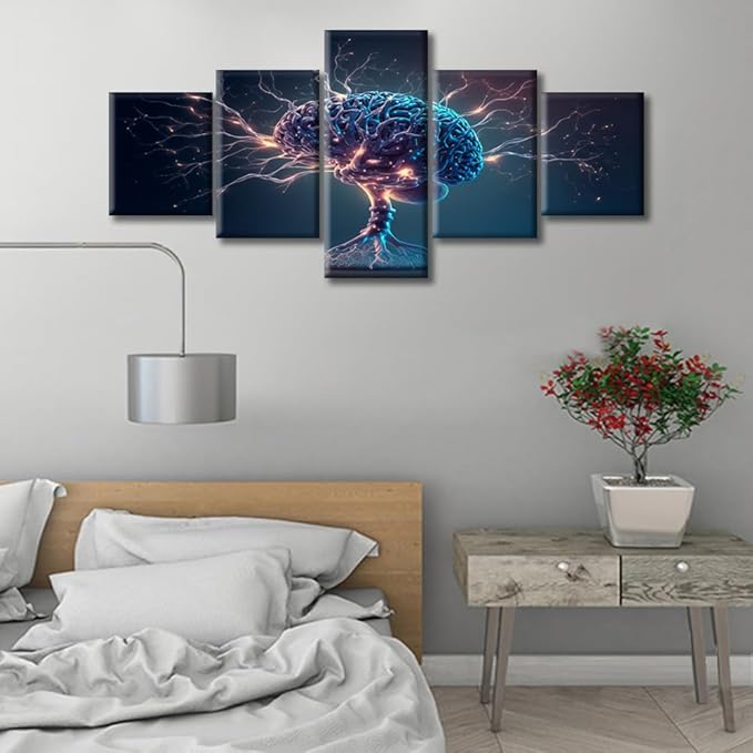 Human Brain with Neuronal Impulses Wall Art Painting Abstract Brain Bedroom Living Room Brain Framed Modern Pictures Canvas Prints Artwork for Wall Decor Office Decorations, (50"Wx24"H)