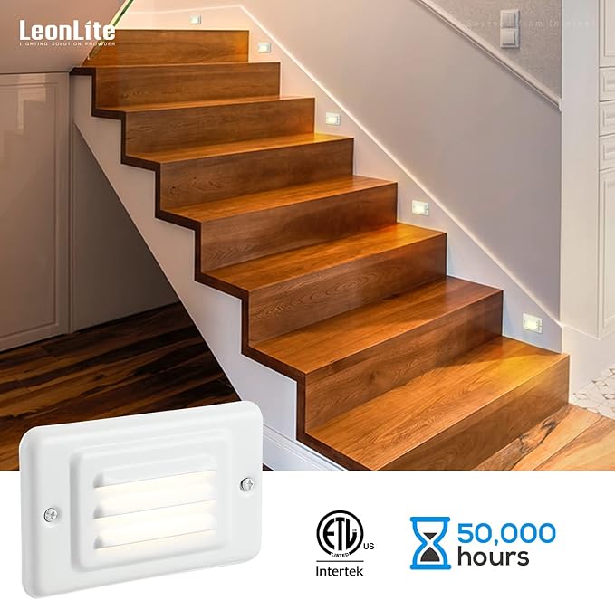 LEONLITE LED Step Lights Indoor, Wall Mount Stair Lighting with Louver Faceplate, 120V, 3000K Warm White, Metal Faceplate with Bright White, Non-Dimmable, ETL Listed, Pack of 3