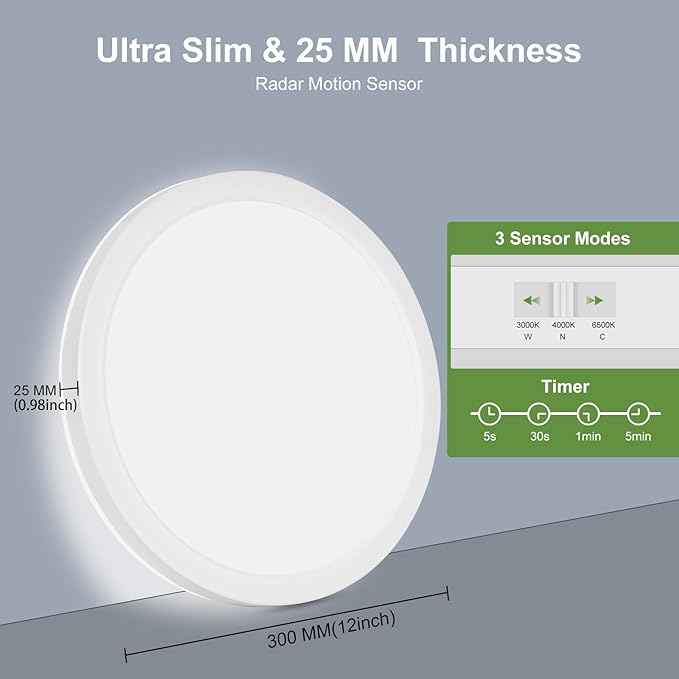 24W Motion Sensor LED Ceiling Light Wired, 2400lm 12Inch 2700K/4000K/6500K IP54 Flush Mount Lighting Fixture with Remote, Radar Motion Activated Ceiling Lamp for Hallway Laundry Porch Stair Closet