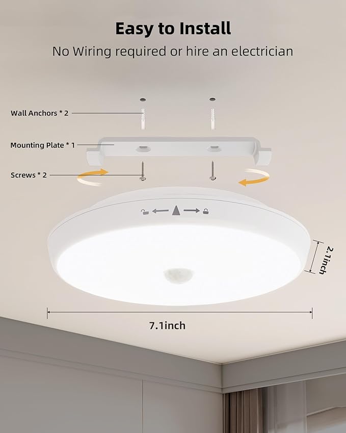 EZVALO Motion Sensor Light Indoor, 10000mAh, 7.1inch, 400LM, Remote Control, Dimmable, LED, Flush Mount, Wireless, Rechargeable, Battery Operated, Cordless, Ceiling Light, Closet Light, No Wiring
