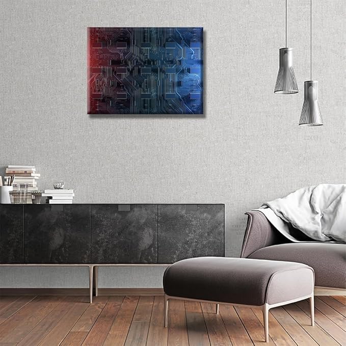 LSIUHWUWI Canvas Wall Art Abstract Computer Motherboard Wall Art for Living Room Home Decor Computer Chip Poster Electronic PC Living Room Wall Decoration Framed Ready to Hang 12x16 INCH