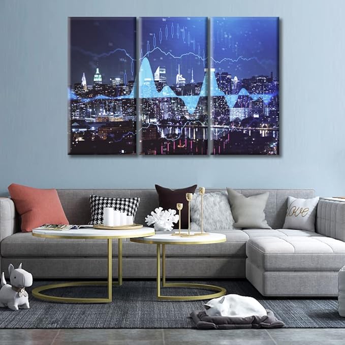 TUMOVO Forex Chart Drawings Over Cityscape Canvas Wall Art 3 Panel Smart City and Information Technology Abstract Paintings Wall Decor for Bedroom Print on Canvas Framed Ready to Hang (60" Wx40 H)