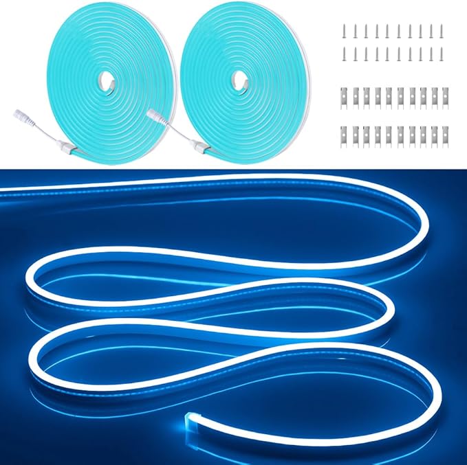2PCS/10M/32.8FT/Ice Blue LED Rope Light - Flexible and Waterproof 12V Neon Strip with Mounting Accessories for Creative Indoor & Outdoor Lighting [Adapter Not Included]