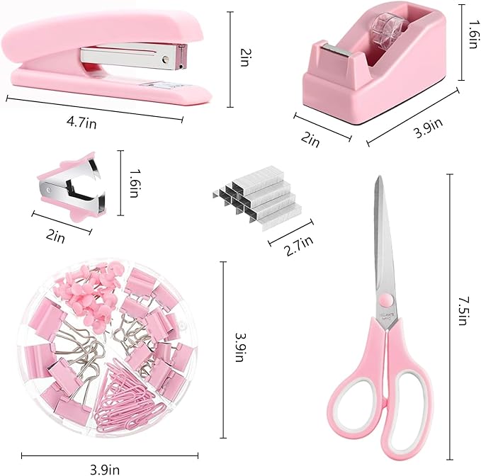 Office Supplies,Desk Accessories,with Stapler,Tape Dispenser,Staple Remover,Scissor,Ballpoint Pen,Sticky Notes,Clear Tape,Staples,Desk Organizer,Phone Stand,Binder,Index Tabs,Best gift set(Pink)