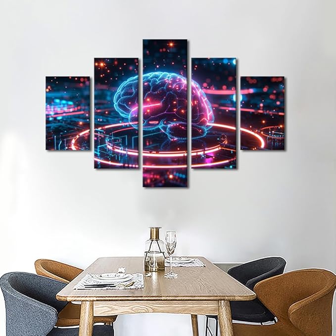 TUMOVO 5 Panel Digital Brain Wall Decor for Living Room Science and Technology Canvas Printing Wall Art Neural Networks Pictures for House Wall Decorations for Bedroom Modern Print 60" Wx40 H