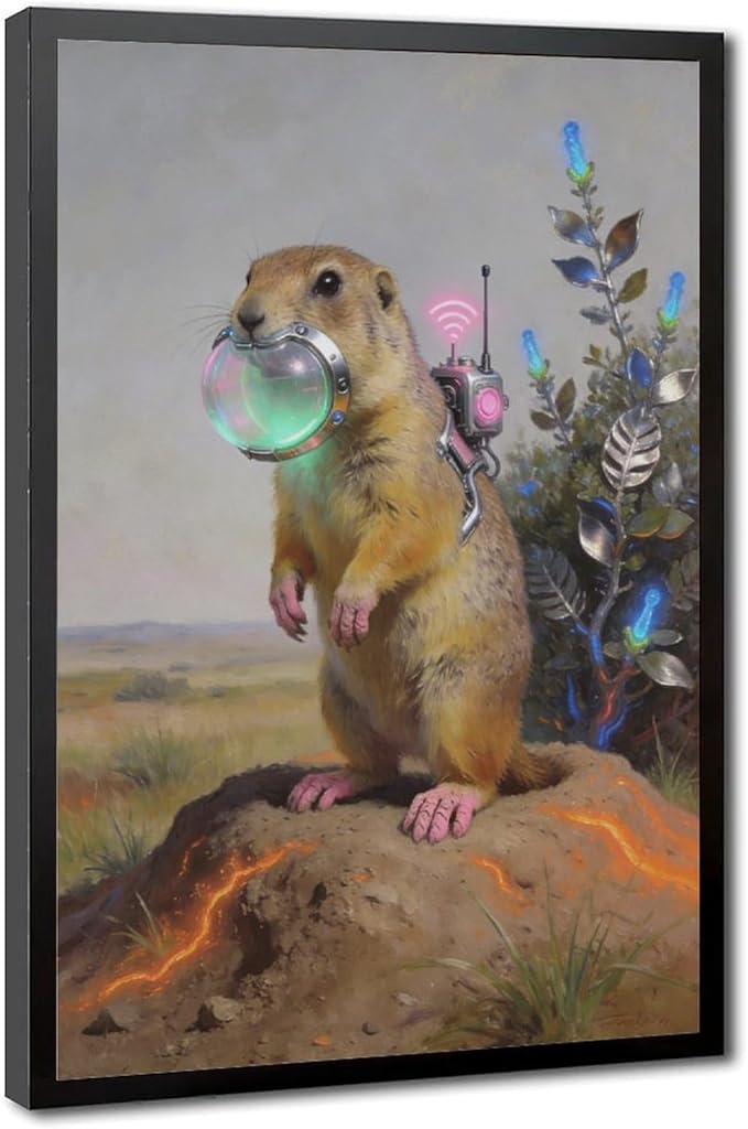Framed Steampunk Mechanical Prairie Dog Wall Art - Retro-Futuristic Wilderness Poster for Living Room Game Room Decor 24x36in