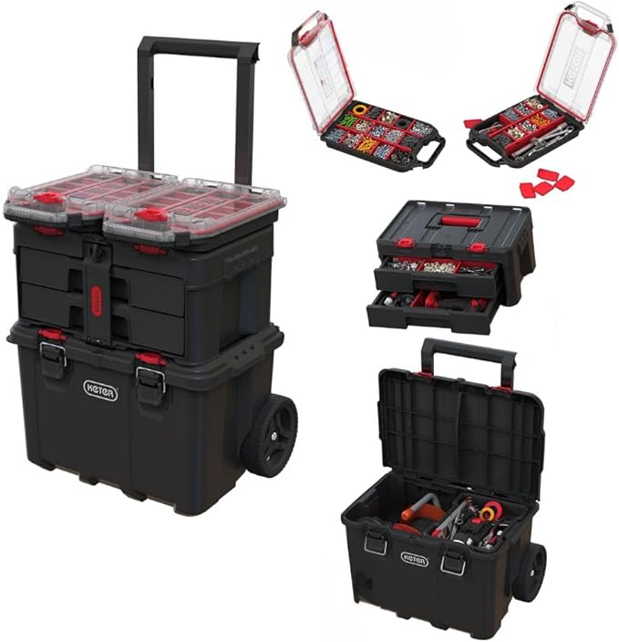 Stack N’ Roll 4-Piece Rolling Tool Storage System – Includes Large Rolling Tool Box, 2-Drawer Tool Box & 2 Tray Organizers | Modular Stackable Tool Storage with Wheels for Garage & Workshop