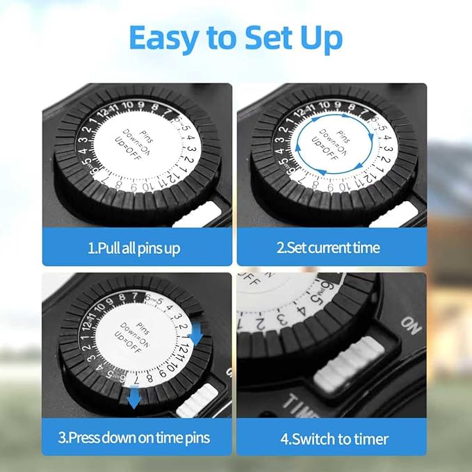 Outdoor Timer Outlet Waterproof, 24 Hour Mechanical Plug in Light Timer, 2 Grounded Outlets for Outdoor Lights, 15A 1/2 HP, ETL Listed (1 Pack)