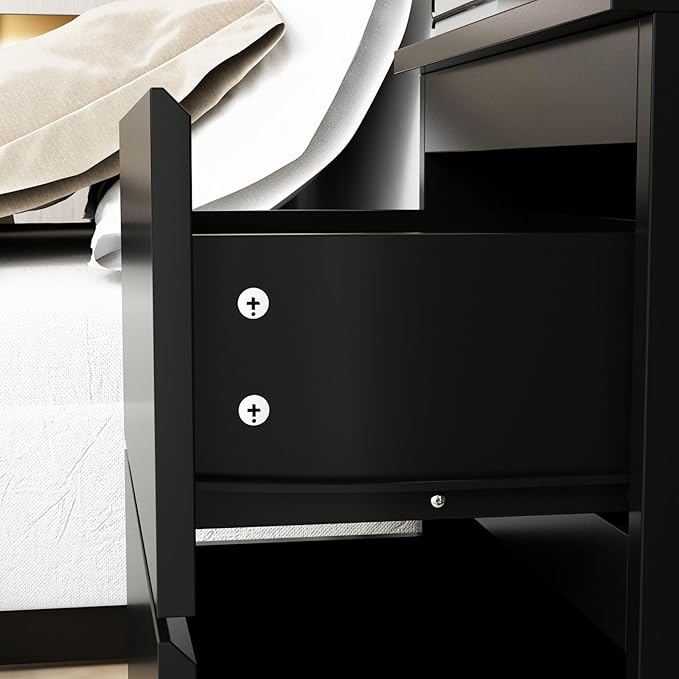 FAMAPY Modern Nightstand with 2 Drawers, Bedroom Storage Cabinet, Modern End Side Table, No Handle Design, for Living Room Black 15.7”W x 11.6”D x 18.9”H