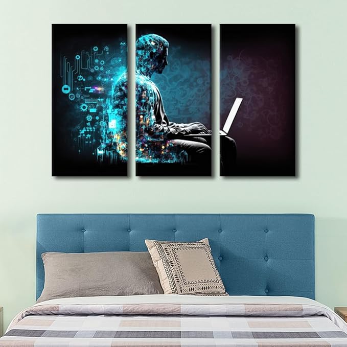 AI Poster Wall Art for Bedroom 3 Piece Computer Processor Canvas Printing Posters for Office Home Wall Decoration Wooden Framed and Stretched Ready to Hang, 60" Wx40 H