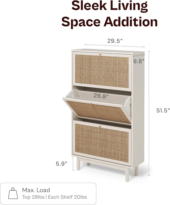 mopio Hannah Shoe Cabinet, Natural Rattan Farmhouse Shoe Storage Organizer, 3 Door Closet Rack for Entryway, Spacious Hallway Storage Cabinet with Doors & Shelves, Sturdy Solid Wood Legs (Whitewash)