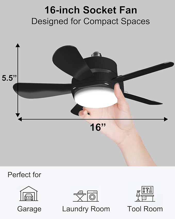 Ligency 16" Smart Socket Fan Light with Alexa - Screw-in Small Ceiling Fan with Remote, RGBW & 3000-6500K Dimmable, 6-Speed Reversible Quiet Motor, E26/E27 Base Fan for Bedroom, Garage, Black
