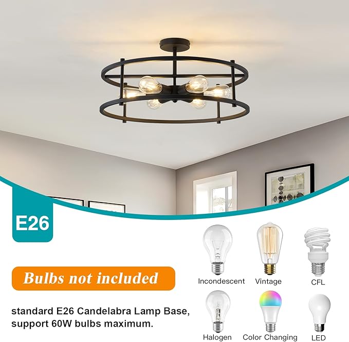 Large Semi Flush Mount Ceiling Light Fixture Black Cage Ceiling Light 6 Light Chandelier for Kitchen Dining Room Entryway Living Room Bedroom Foyer
