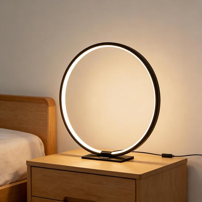 Modern Circle Table Lamp LED Warm Light Nightstand Lamp Black Bedroom Lamp with Dimmable Touch Control for Reading Bedroom and Office, 12W 3000K
