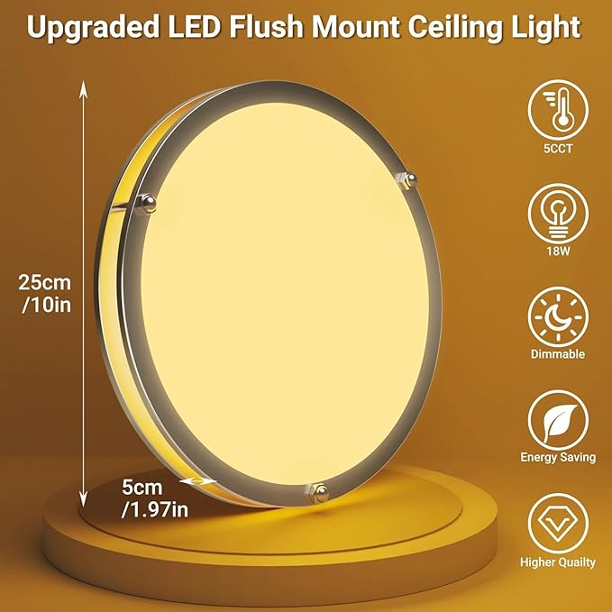 libtit 10Inch Flush Mount Ceiling Lights, 18W Dimmable LED Ceiling Light 3000K-6500K Adjustable, Brushed Nickel Light Fixture for Closet Kitchen Hallway Bathroom-2 Pack