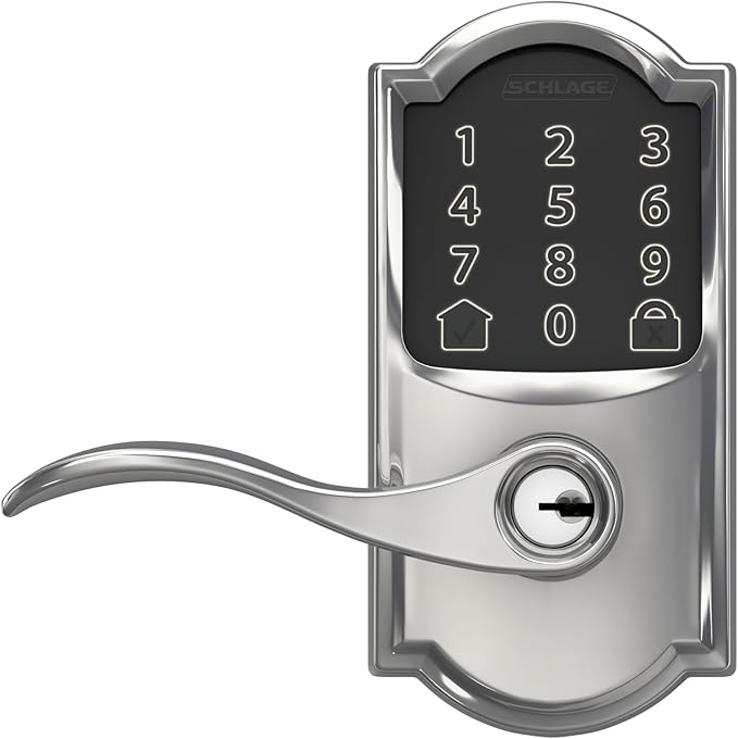 Schlage Encode Smart Wi-Fi Lock with Lever Handle, Touchscreen Keypad, Keyless Entry Door Lock, App Control, Alexa, Google Home and Airbnb Compatible, Bright Chrome, FE789WB CAM 625 Acc