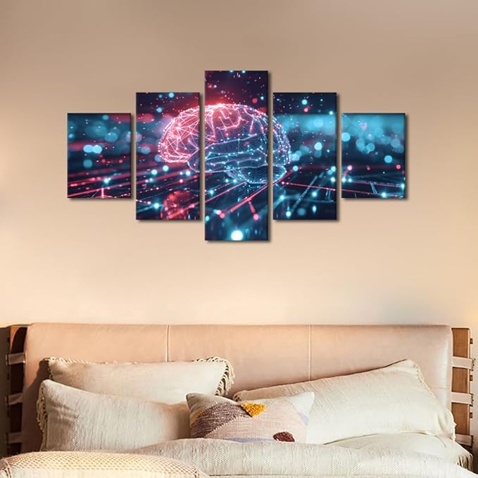5 Panel Futuristic Technology Canvas Paintings Wall Art Digital Human Brain Picture House Decorations Bedroom Art Work for Wall Decor Living Room Kitchen Home Decor Frame Ready to Hang 60"Wx32"H