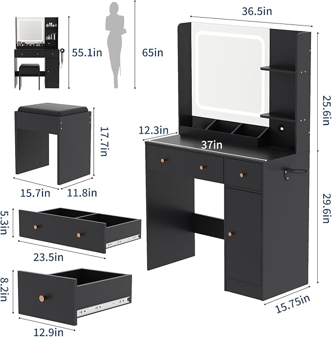 Vanity Desk with Mirror and Lights,Power Outlet,Makeup Vanity Table Set with Storage Drawers Shelves Cabinet& Chair,3 Lighting Modes & Adjustable Brightness,Dressing Table for Bedroom
