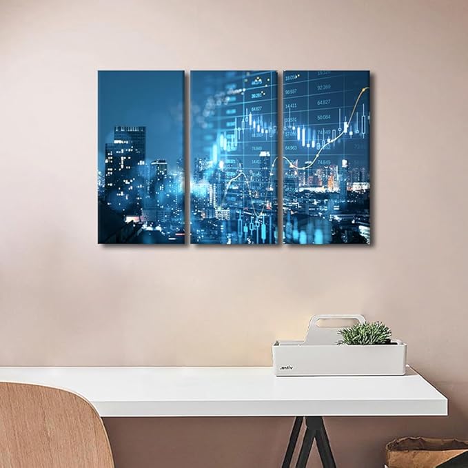 Rebotipy Smart City 3 Panels Wall Art Modern Abstract Poster Decor Big Data Forex Candlestick Chart Picture Printing for City Backdrop Living Room Decor Stretched and Framed Ready to Hang 24" Wx36 H