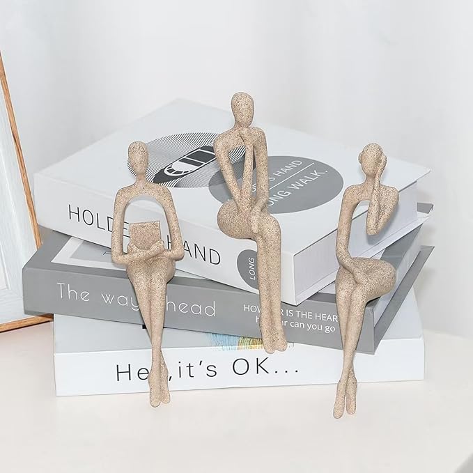 3Pcs Sandstone Resin Thinker Statue Accents Reading Women Sculptures, Abstract Art Ornament,Modern Neutral Home Decoration for Living Room Office Shelf Table Desk Bookshelf Décor