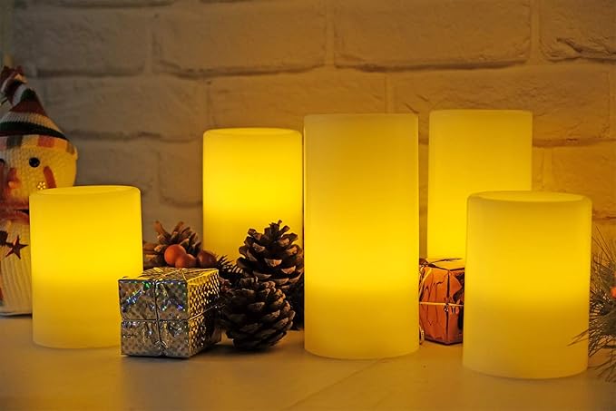 Eldnacele Flameless Flickering Candles Battery Operated Real Wax White Color with 8 Hours Timer for Christmas Home Decoration and Parties Set of 6(3"x 4", 3"x 6")