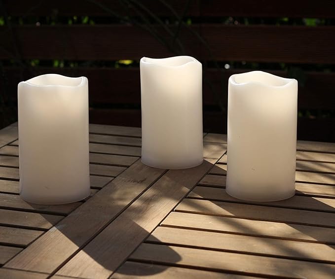 NONNO&ZGF 3 X 5'' Outdoor Waterproof Flameless Candles, 3 Pack, Warm White LED Resin Rainproof Pillar Battery Candle with Remote Control/Timer