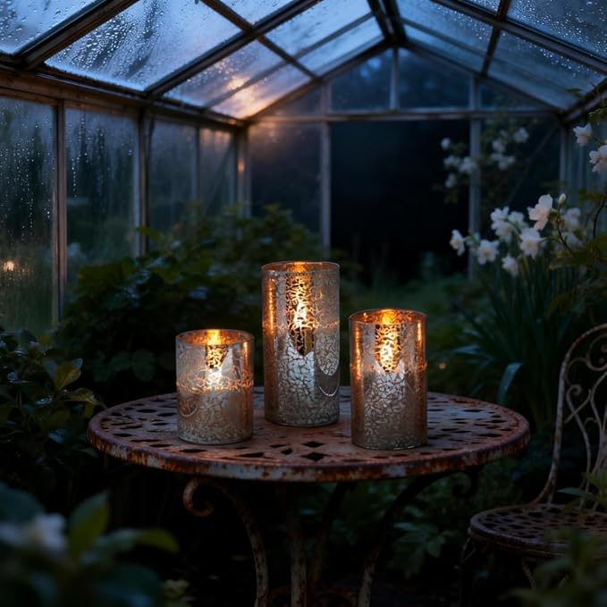 Silver Mercury Crackle Glass Flameless LED Pillar Candles Set of 3 – Warm White Flicker, Remote & Timer, Batteries Included, for Spring Weddings, Home Decor & Romantic Ambiance