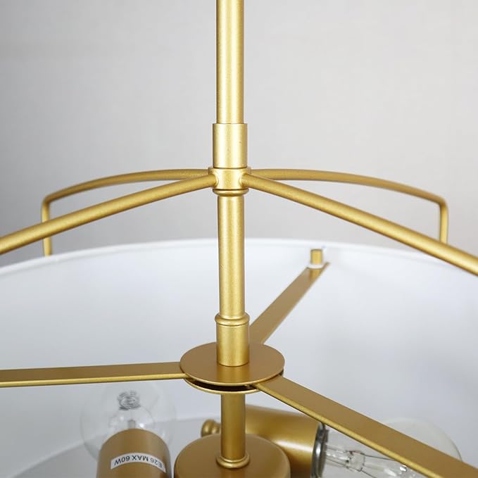 DAYCENT Modern Gold Pendant Light 3-Light Drum Shade Chandelier 16-Inch Brass Pendant Lighting with Drum Fabric Shade Hanging Light Fixture for Dining Room Living Room, Adjustable Height