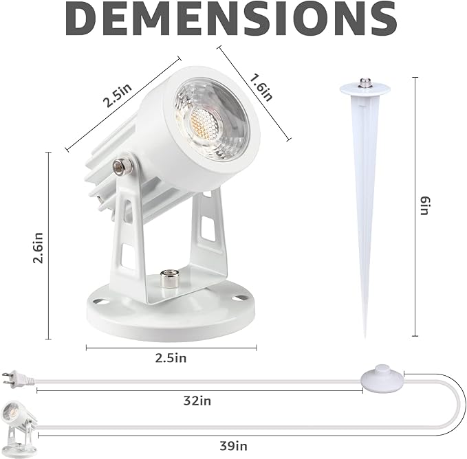 SUNVIE 2 Pack LED Spot Lights Indoor Plant Spotlight Lamp Up Lights for Indoor Plants Accent Lighting 120V Warm White Uplight 5.9 FT Cord with Floor Foot Switch, White (Base and Stake Included)