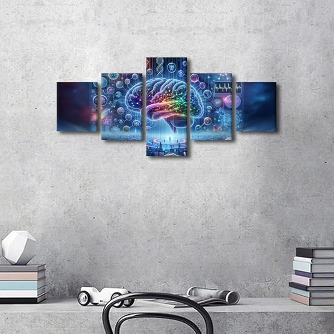 5 Panel Digital of Human Brain in Colour Background Canvas Wall Art Framed Digital Brain Painting Futuristic Technology Pictures for Living Room Posters and Prints Framed Ready to Hang 50" Wx24 H