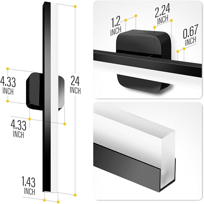 Yarra-Decor 24 in LED Bathroom Vanity Light Bar,Vanity Lighting Fixtures for Mirror Lighting,Indoor Daylight White Wall Light 6000K -Black