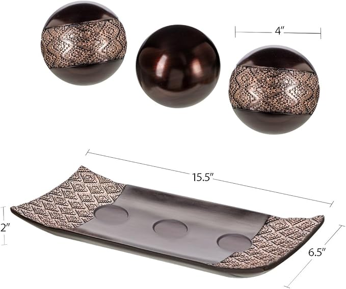 Creative Scents Dublin Brown Decorative Tray & Orb Set - 4-Piece Centerpiece for Living Room, Dining Room & Entry Table Decor