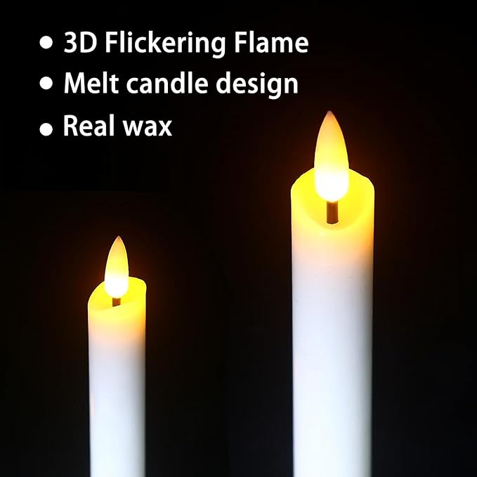 salipt Flameless White Taper Candles Flickering with Timer and 10-Key Remote, Battery Operated LDE Warm 3D Wick Light Window Candles Real Wax Pack of 6, Christmas Home Wedding Decor(0.78" X 9.64")