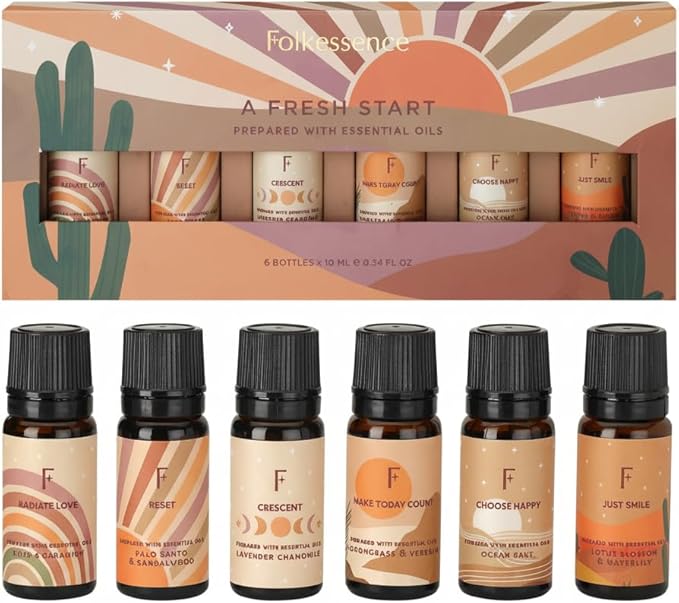 Folkulture Fresh Essential Oils Set for Diffuser | Aromatherapy Oils Set for Meditation, Relaxation, Reset & Mindful Living | 6 Scents – Lavender, Palo Santo, Ocean Salt, Sandalwood & More