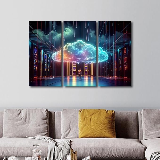TUMOVO Modern Wall Decor 3 Panels Artificial Intelligence and Cloud Services Posters and Prints Business and Technology Concepts Artwork for Home Wall Decorations, Ready to Hang, 42" Wx28 H