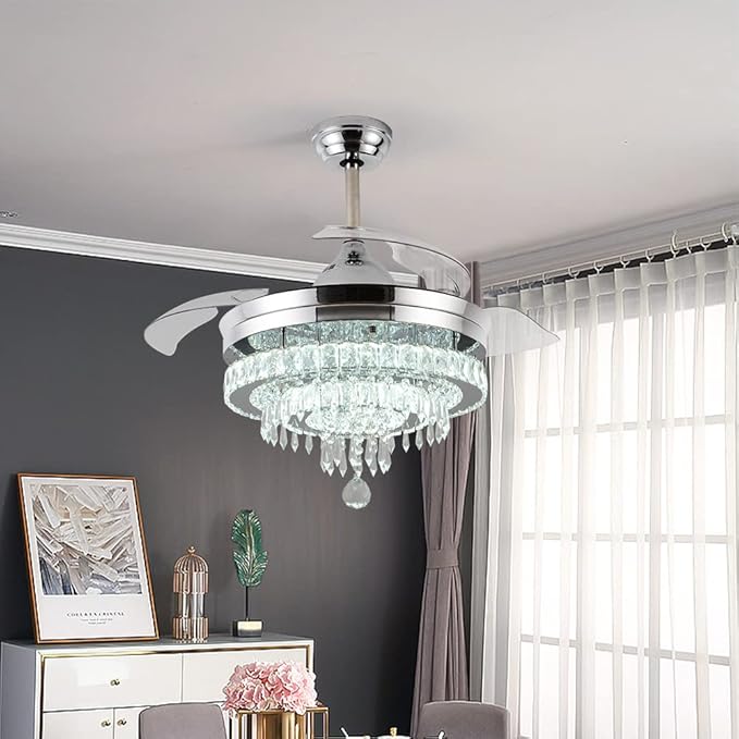 42" Dimmable Fandeliers Modern Crystal Chandeliers Ceiling Fans 6 Speeds Adjustable, with Memory and Timing Functions, APP & Remote Control Fandelier for Living Dining Room Bedroom