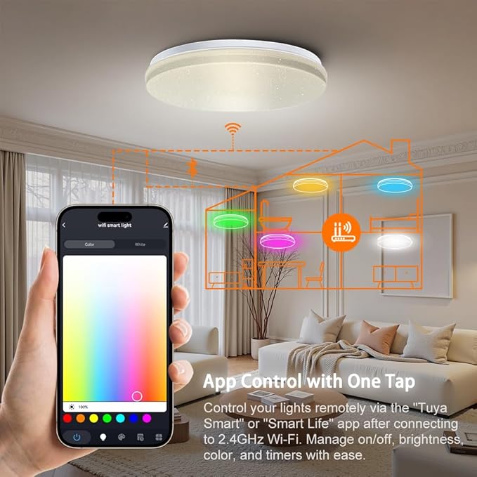 1-Pack, 12 inch Smart LED Music Ceiling Light with Bluetooth Speaker, Compatible with Alexa & Google Home, Color Changing RGB Dimmable Light for Living Room, Bedroom, Kitchen